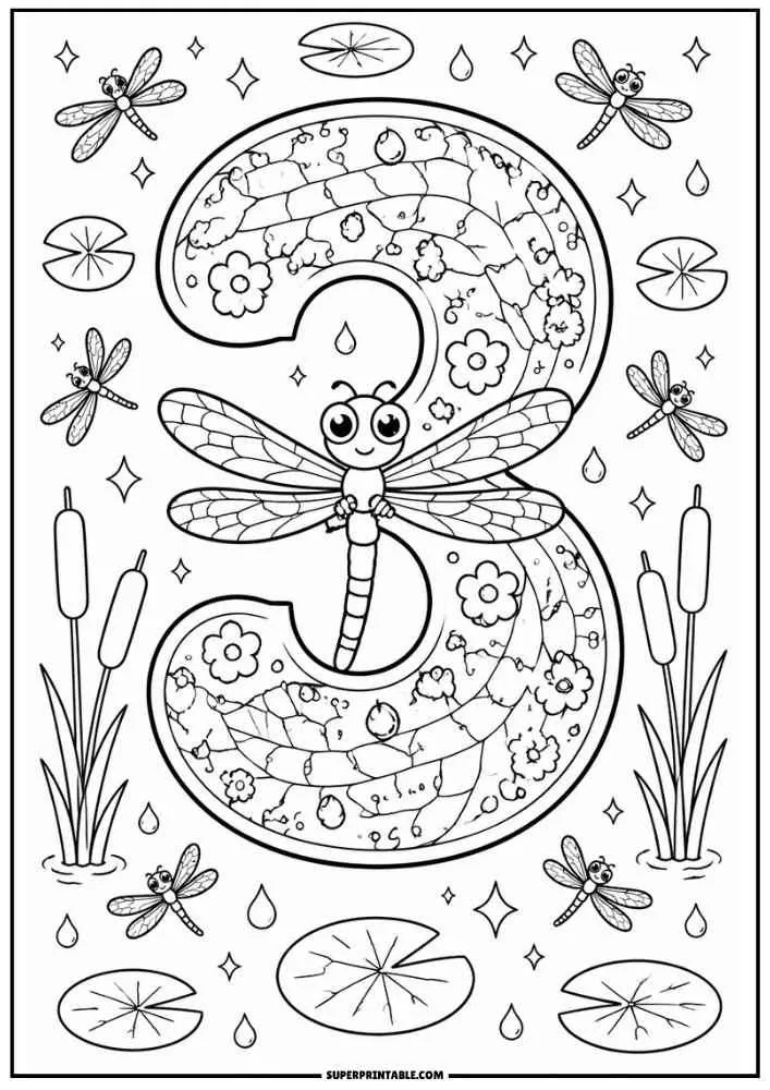 Number 3 with a dragonfly, flowers, lily pads, cattails, and small dragonflies.