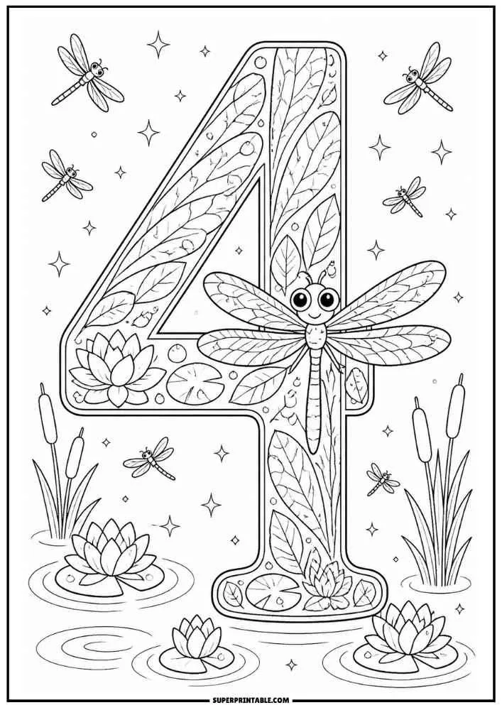 Number 4 with a dragonfly, leaves, flowers, lily pads, and cattails.