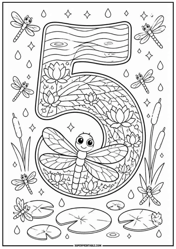 Number 5 with a dragonfly, flowers, lily pads, cattails, and water drops.