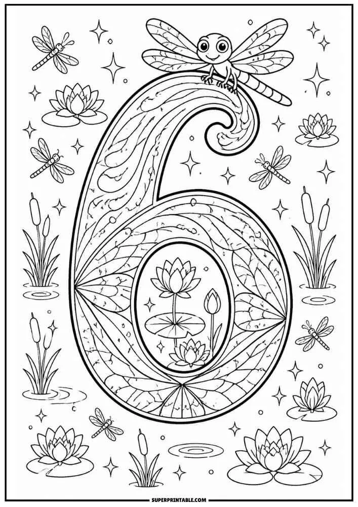 Number 6 with a dragonfly, flowers, lily pads, cattails, and pond details.