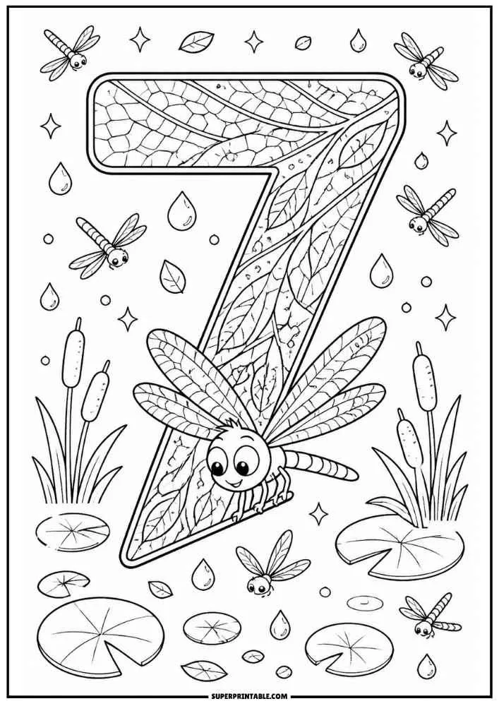 Number 7 with a dragonfly, leaf patterns, lily pads, cattails, and water drops.