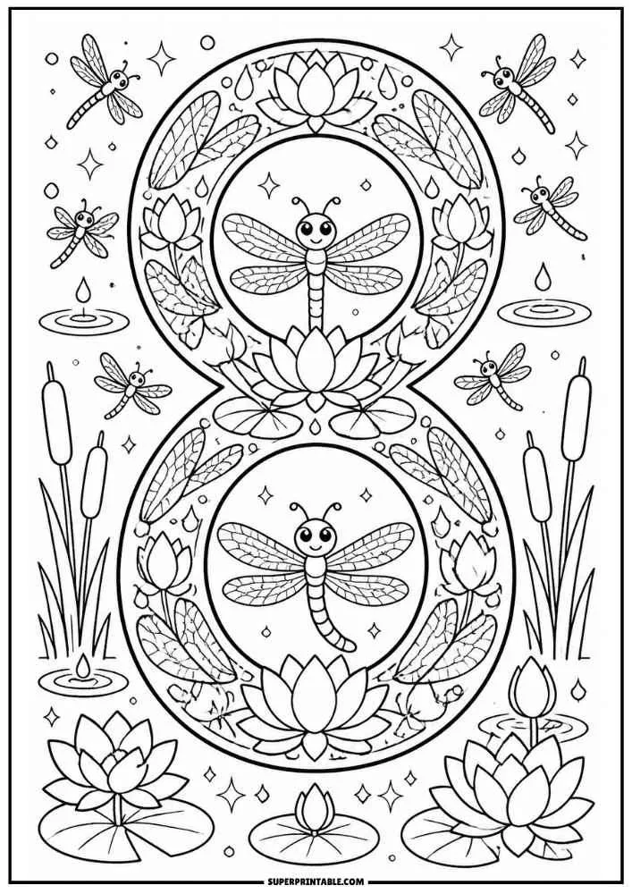 Number 8 with two dragonflies, lotus flowers, lily pads, and cattails.