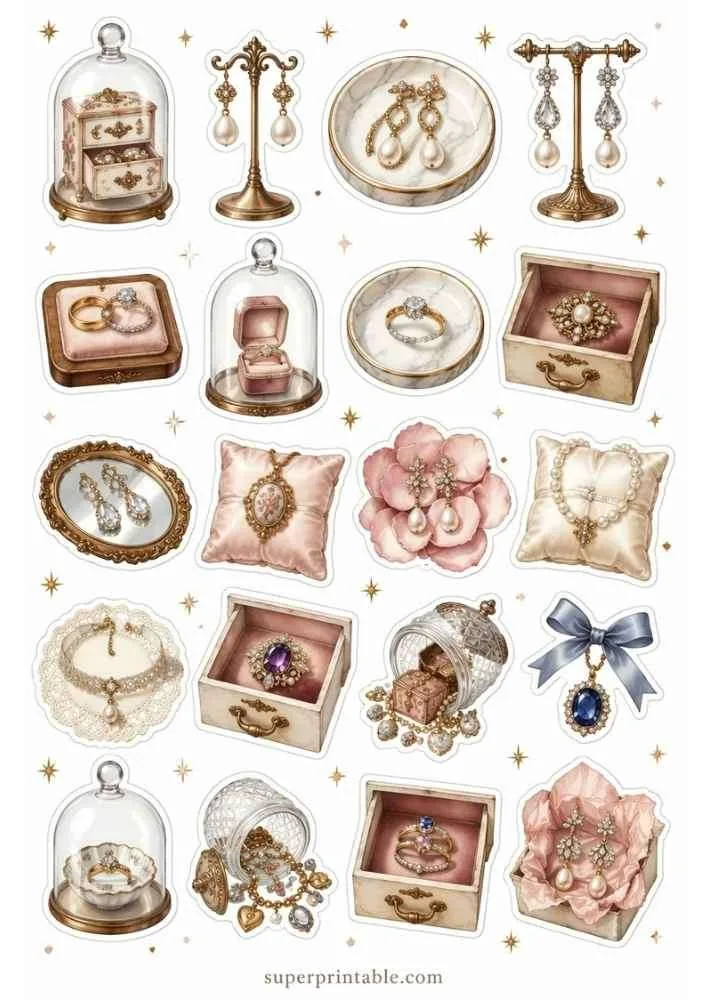 Jewelry collection with glass domes, pearl earrings, rings, jewelry boxes, flowers, and a blue ribbon pendant.