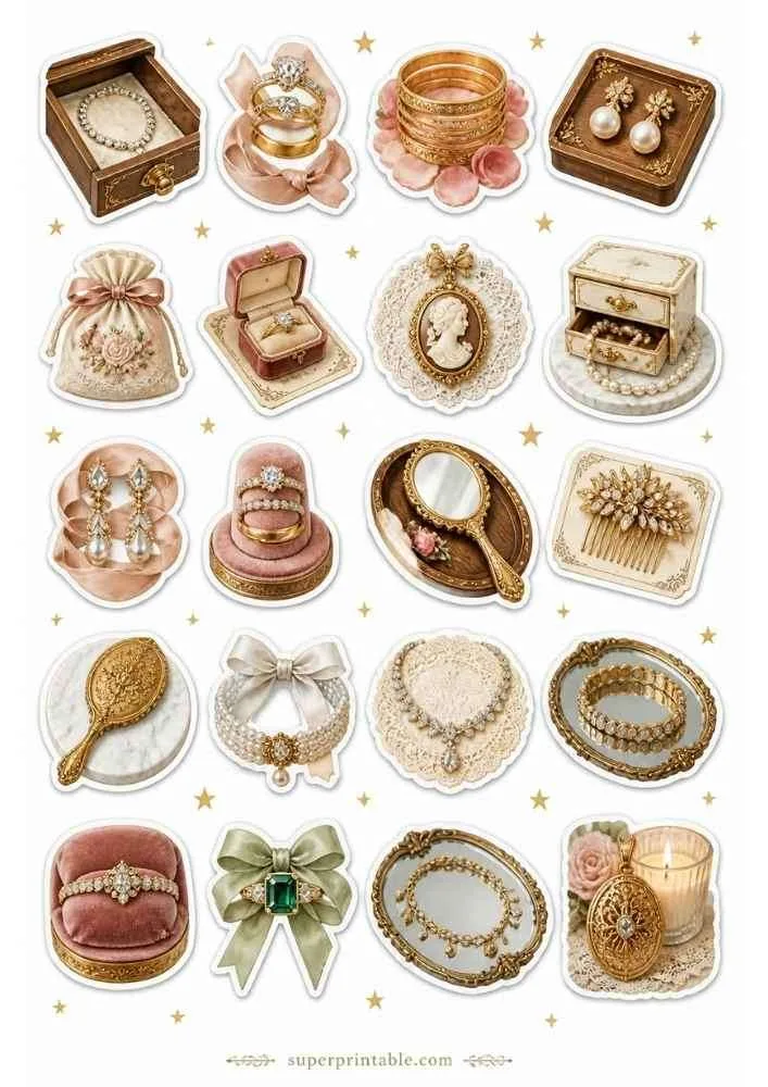 Victorian jewelry with mirrors, cameo brooches, pearl earrings, rings, combs, and vanity accessories.