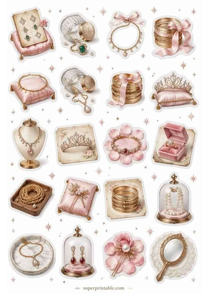Pink jewelry with pearl bracelets, bangles, tiara, necklace stand, ring box, glass dome, and vanity mirror.