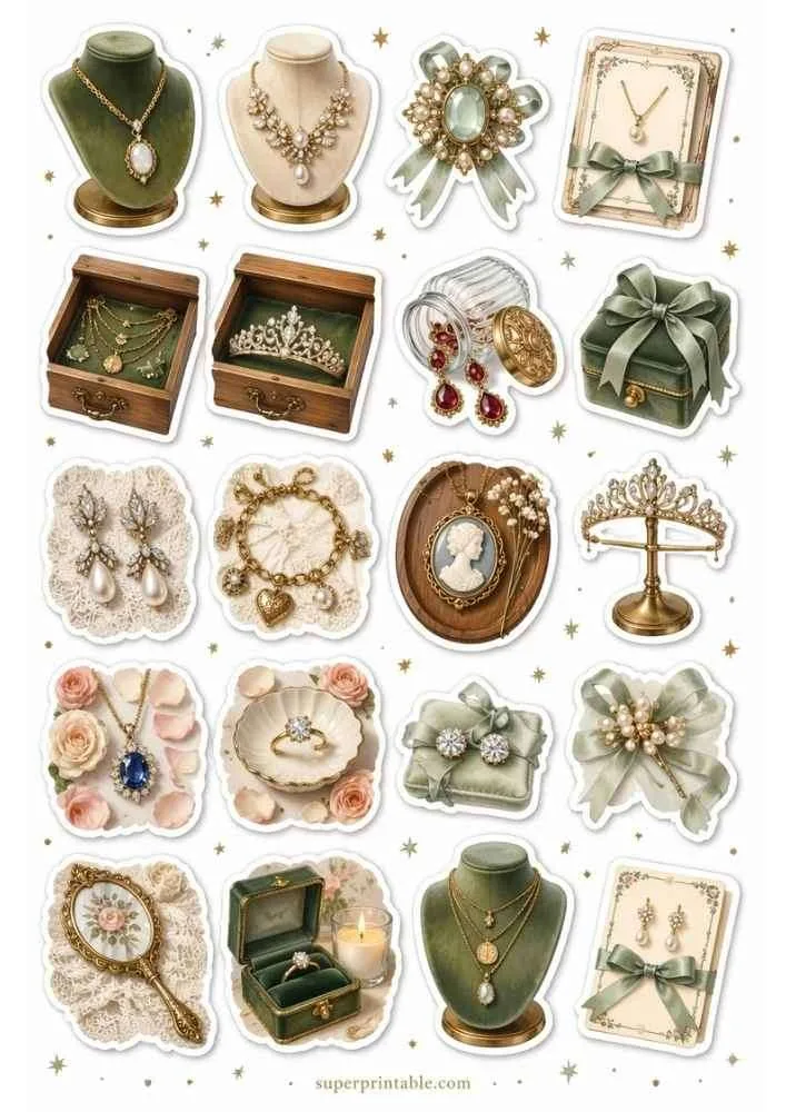 Green jewelry with cameo locket, tiara, pearl earrings, necklace displays, gift box, and velvet cases.
