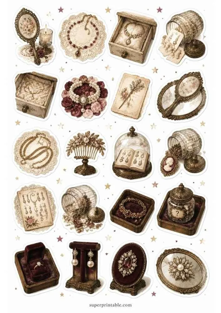 Antique jewelry with floral mirrors, cameo locket, crystal jars, earrings, brooches, and jewelry boxes.