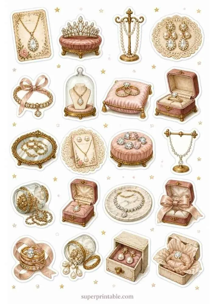 Bridal jewelry with tiara, pearl earrings, engagement rings, ribbon bracelet, glass dome, and necklace display.