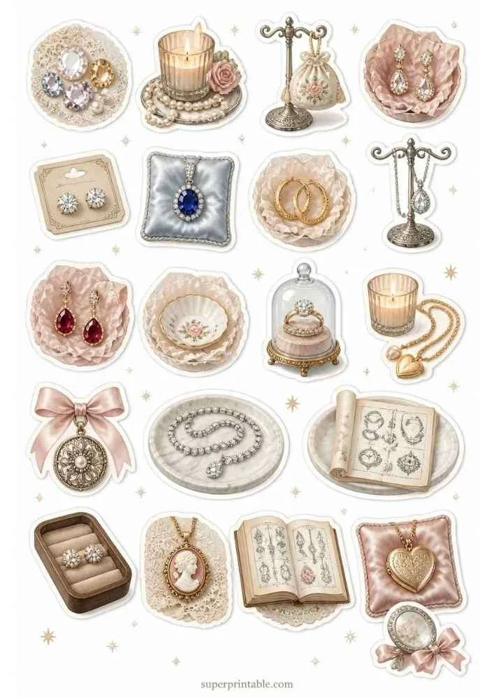Cameo lockets, pearl rings, crystal earrings, candles, heart pendant, glass dome, and jewelry book.