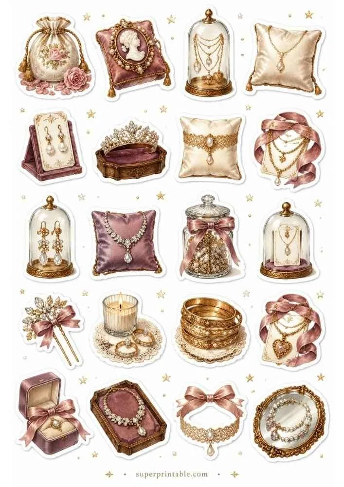 Rose themed jewelry with cameo cushion, crown display, ribbon jar, layered necklaces, and jeweled hairpin.