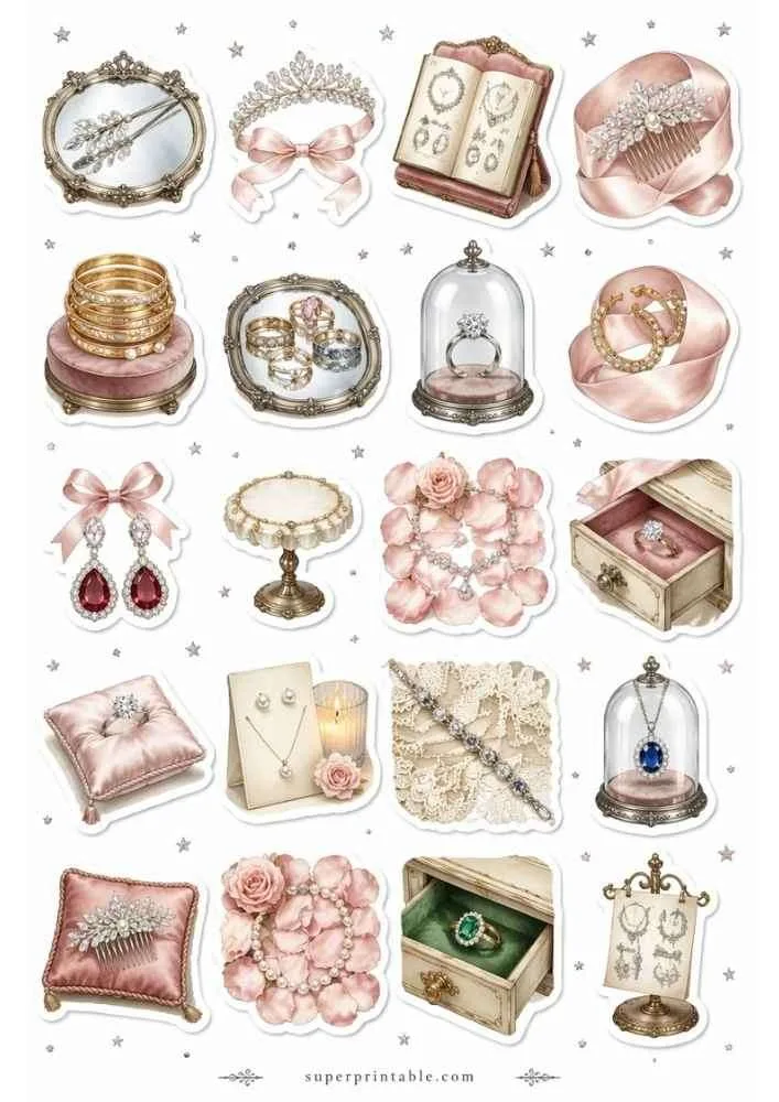 Ribbon earrings, stacked rings, jewelry book, crystal dome, ruby earrings, gemstone box, and jeweled comb.
