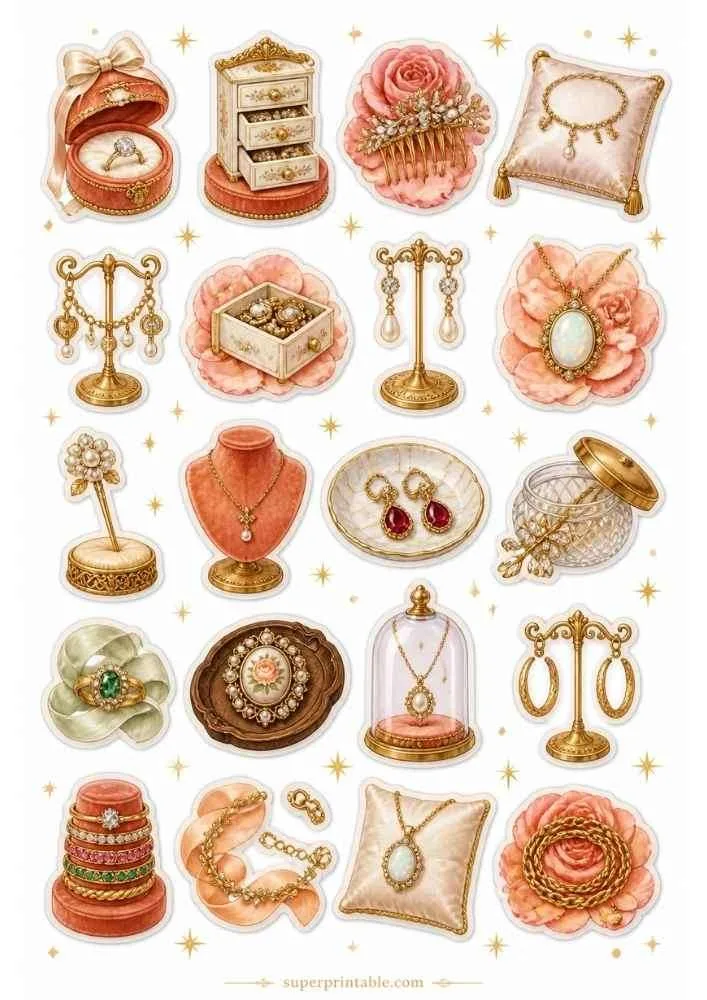 Coral jewelry with pearl earrings, cameo necklace, jewelry cabinet, floral locket, ring display, and earring stand.