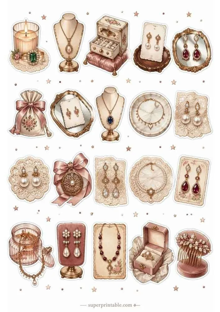 Jewelry boutique with gemstone necklaces, pearl earrings, gift bag, mirror, ring box, crystal jar, and jewelry cards.