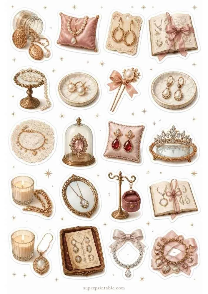 Vintage jewelry with lockets, pearl earrings, tiara, candles, framed necklace, and open jewelry books.