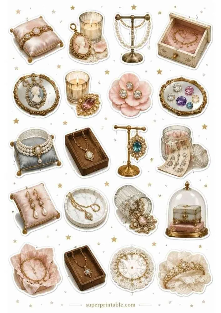 Pearl bracelets, cameo locket, gemstone tray, crystal jar, necklace box, tiara, and floral jewelry displays.