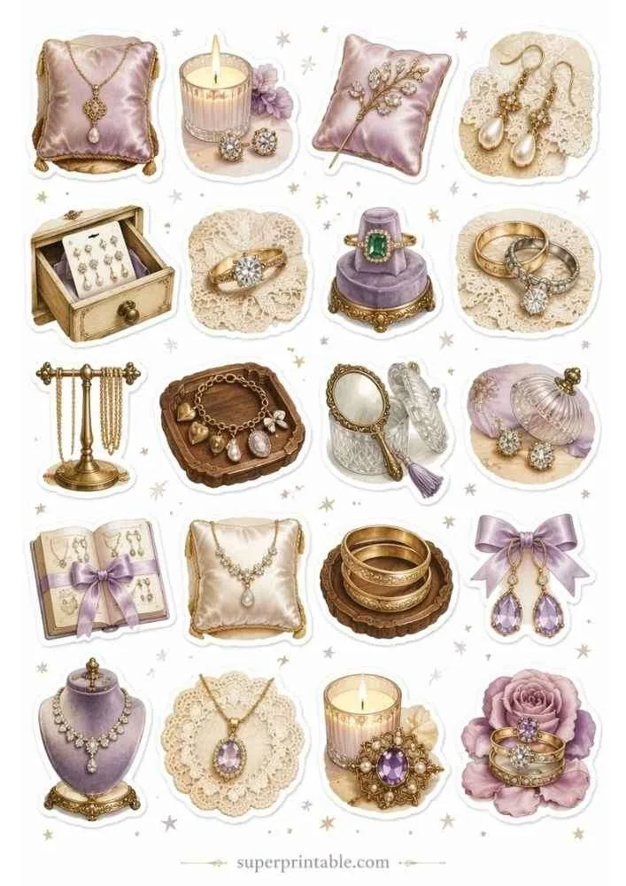 Lavender jewelry with gemstone necklace, rings, pearl earrings, candle, bracelet, ribbon earrings, and display stand.
