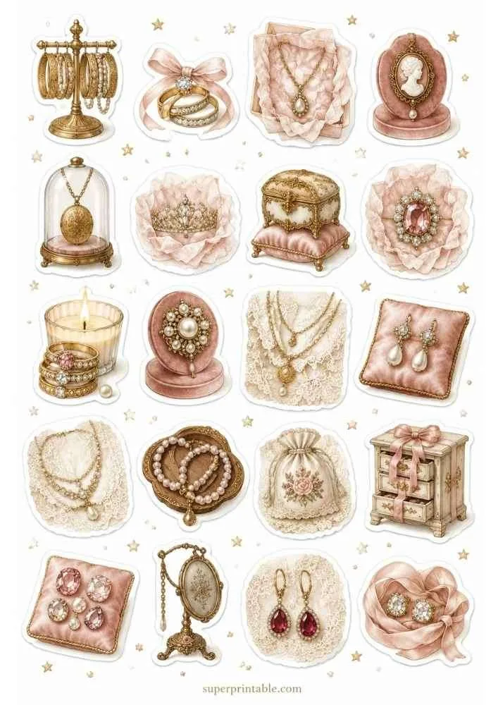 Cameo locket, pearl necklaces, tiara, keepsake box, ribbon rings, glass dome, and jewelry cabinet.