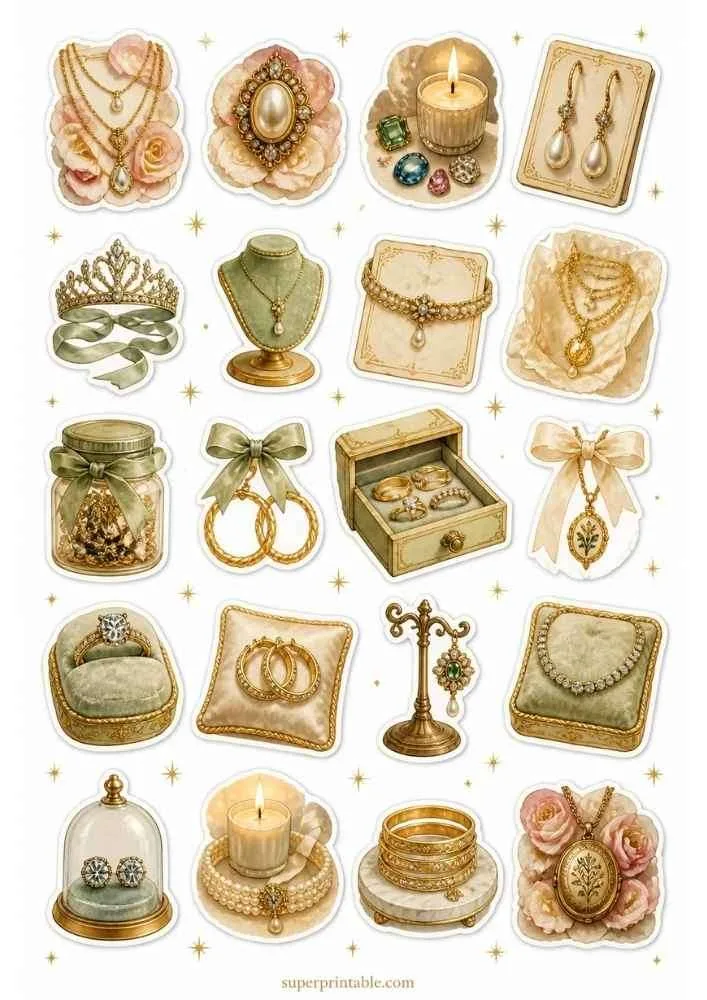 Olive jewelry with tiara, necklaces, ring box, ribbon hoops, candle, lockets, and pearl earrings.