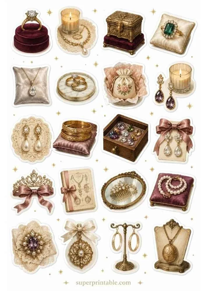 Emerald ring, ornate jewelry box, pearl earrings, gemstone drawer, tiara, cameo locket, and velvet cushion.