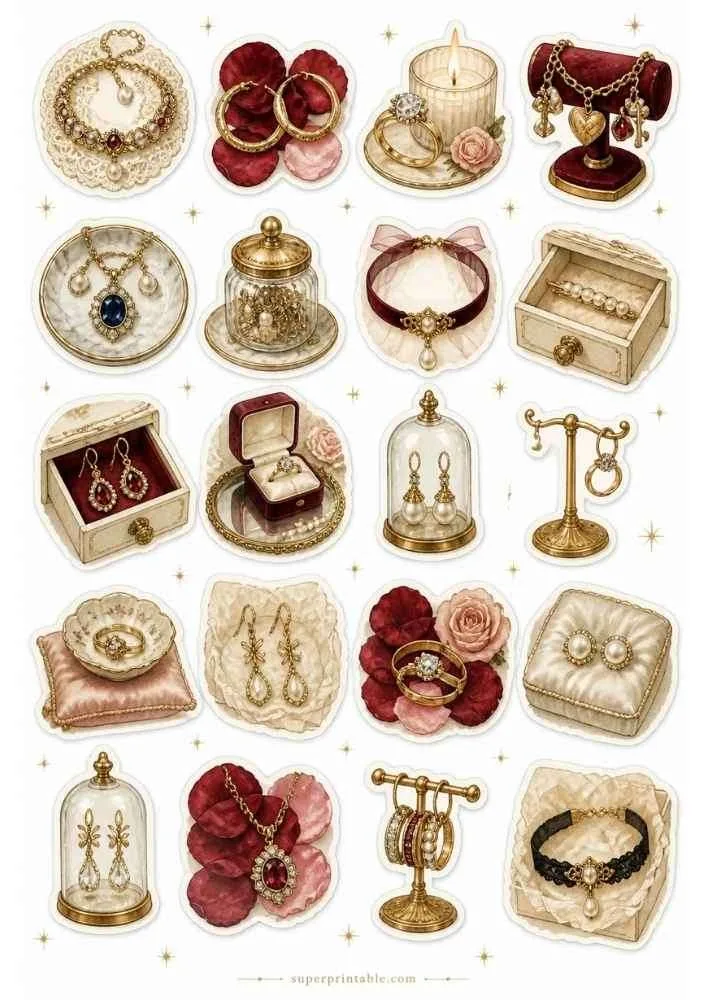 Ruby jewelry with charm bracelet, velvet choker, engagement ring, pearl earrings, and display dome.