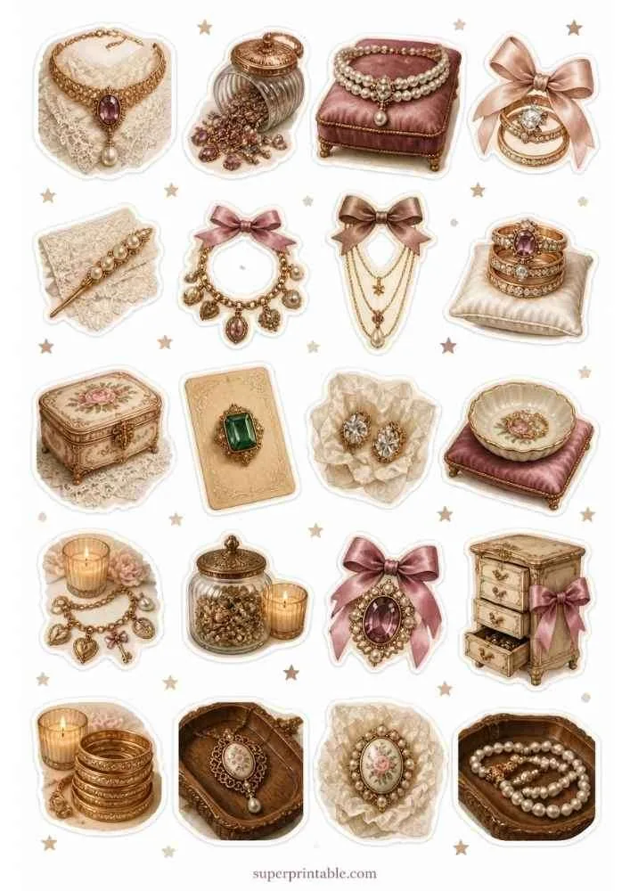 Rose gold charms, stacked rings, cameo pendant, jewelry chest, floral brooch, candle, and pearl strands.