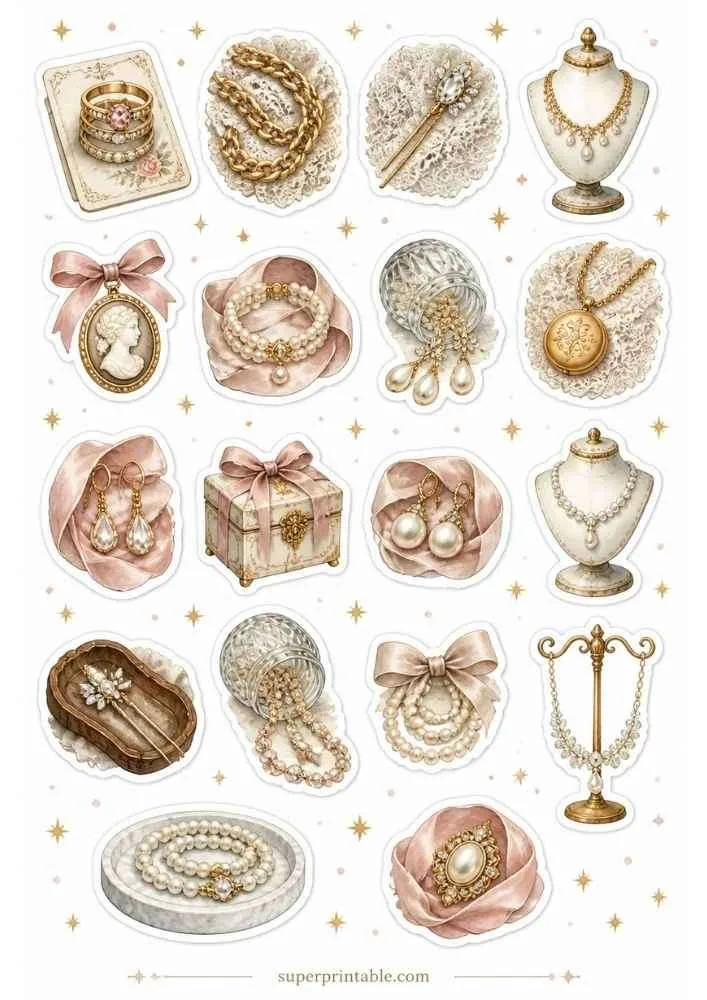 Pearl jewelry with cameo pendant, crystal jar, pearl necklace, drop earrings, display stand, and floral hairpins.