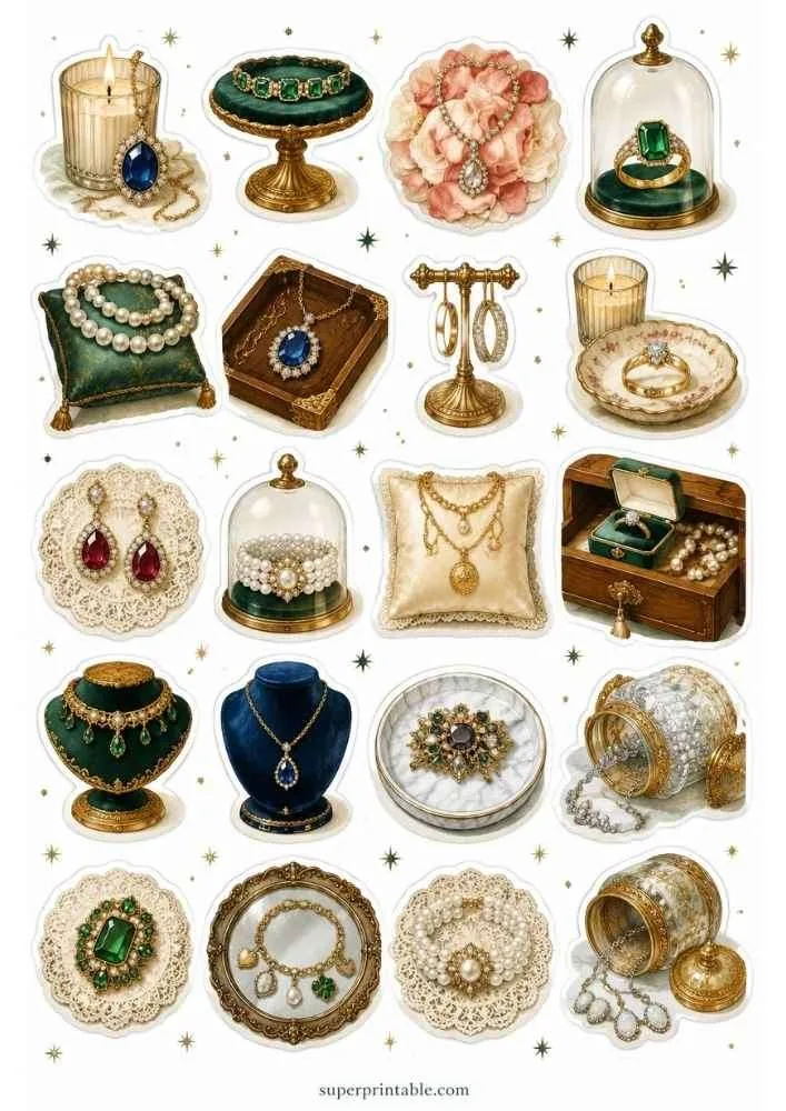 Emerald and pearl jewelry with velvet stands, display jars, rings, necklaces, and gemstone brooches.