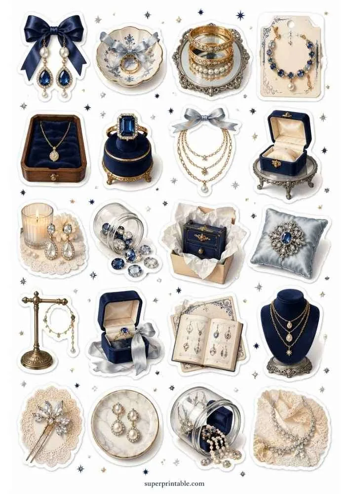 Blue sapphire jewelry with velvet boxes, pearl earrings, necklaces, display stands, and crystal jars.