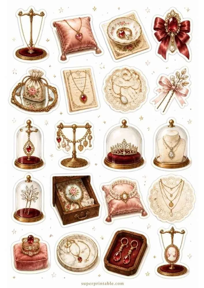 Ruby jewelry with tiara, cameo pendant, necklaces, earrings, velvet pillows, and glass domes.
