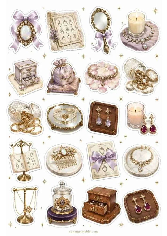 Lavender jewelry with mirror, cameo brooch, candles, drawers, comb, pearl bracelet, and earrings.