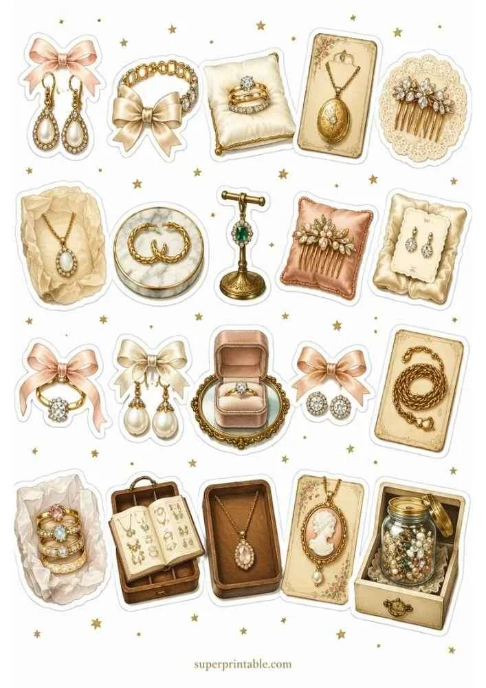 Gold jewelry with lockets, rings, earrings, ribbon bows, books, cameo pendant, and storage jars.