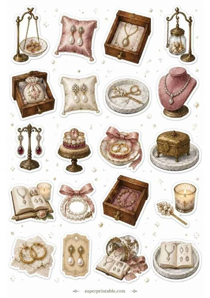 Pearl jewelry with treasure boxes, earrings, necklaces, candles, vintage stands, and ring dish.