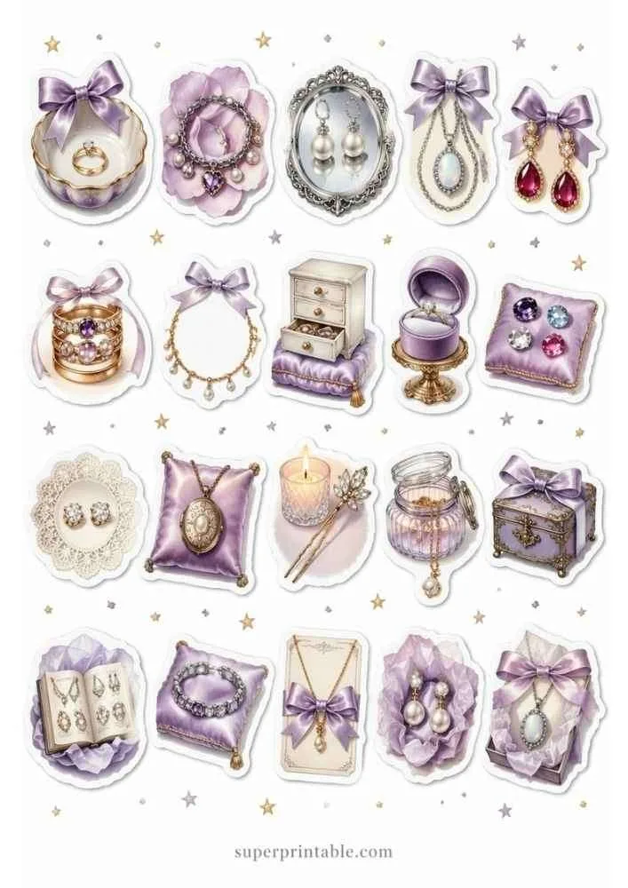 Purple gemstone jewelry with rings, earrings, necklaces, candles, keepsake boxes, and pearl decorations.