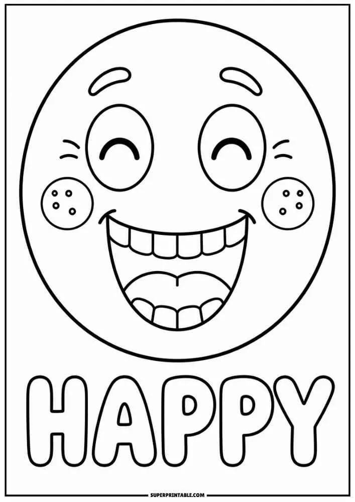 Smiling emoji face with the word Happy below.