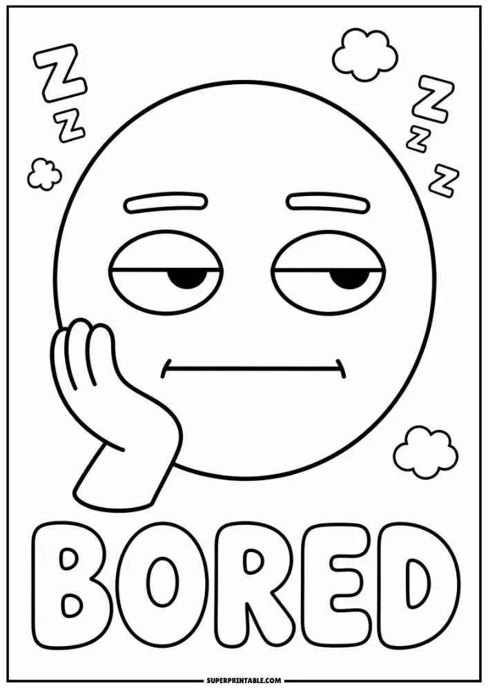 Bored emoji resting on a hand with the word Bored.