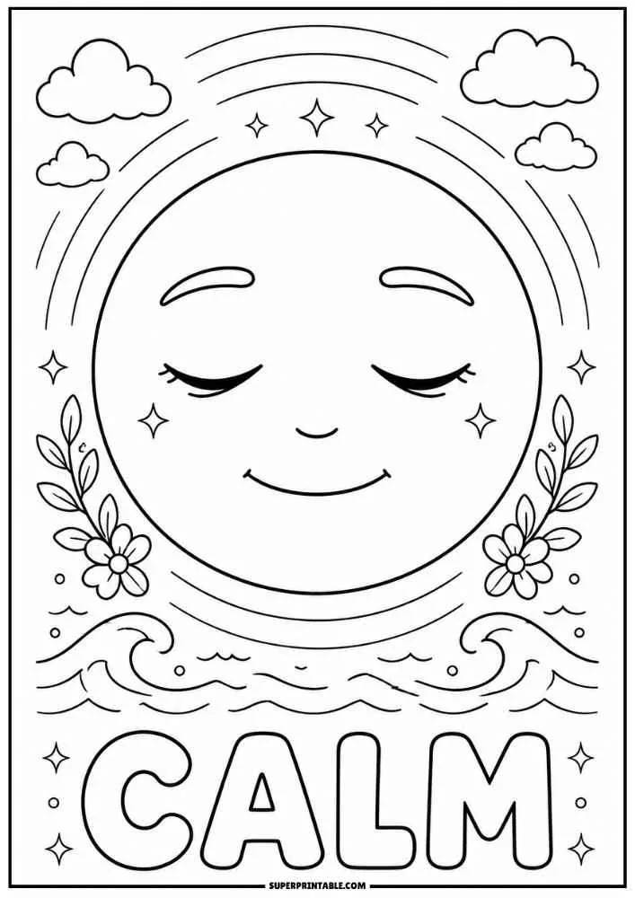 Calm smiling emoji with flowers, waves, and the word Calm.