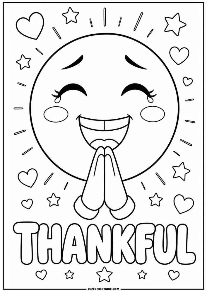 Smiling emoji with folded hands, hearts, stars, and the word Thankful.