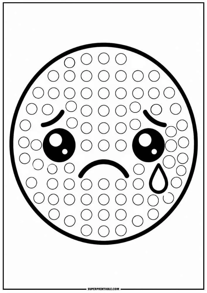 Sad emoji with one tear, dot marker circles, border, and SuperPrintable.com text.