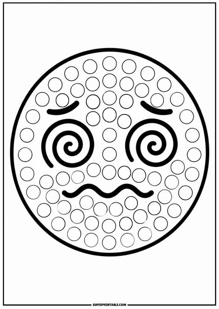 Dizzy emoji with spiral eyes, dot marker circles, border, and SuperPrintable.com text.