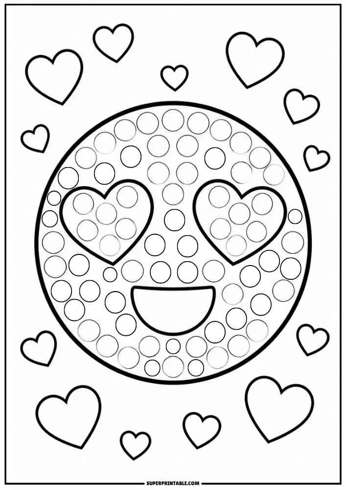Heart eyes emoji with floating hearts, dot marker circles, border, and SuperPrintable.com text.