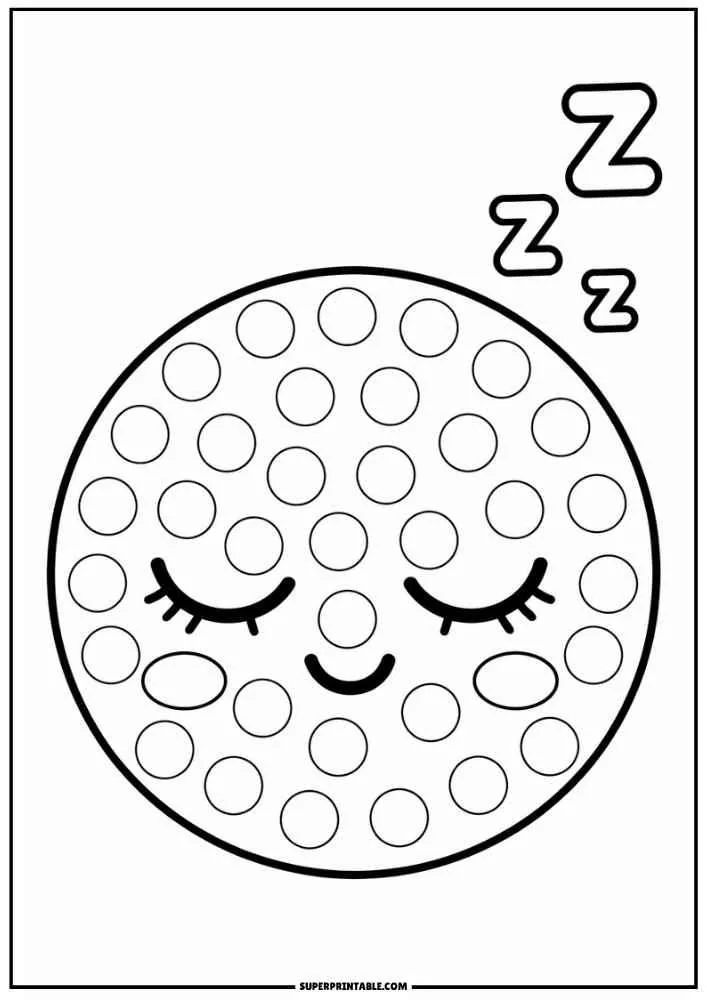 Sleeping emoji with Z letters, dot marker circles, border, and SuperPrintable.com text.