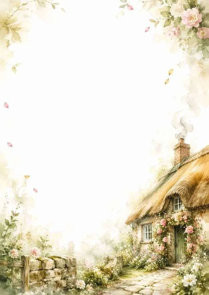 Watercolor border with a rose-covered thatched cottage and stone garden path.