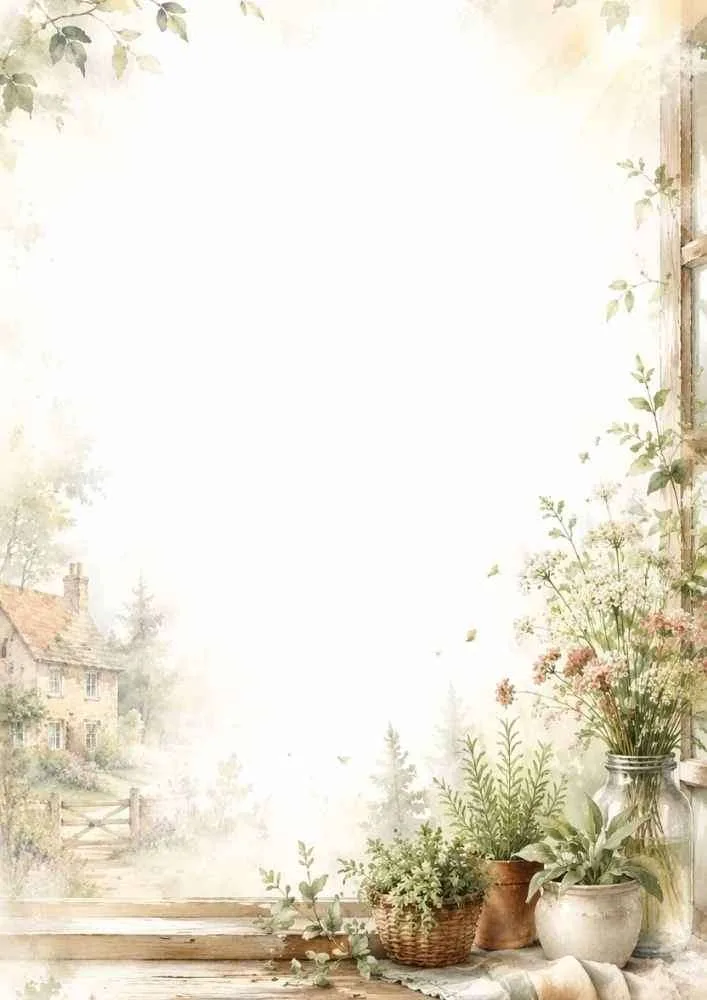 Watercolor border with flower pots and herbs on a charming cottage windowsill.