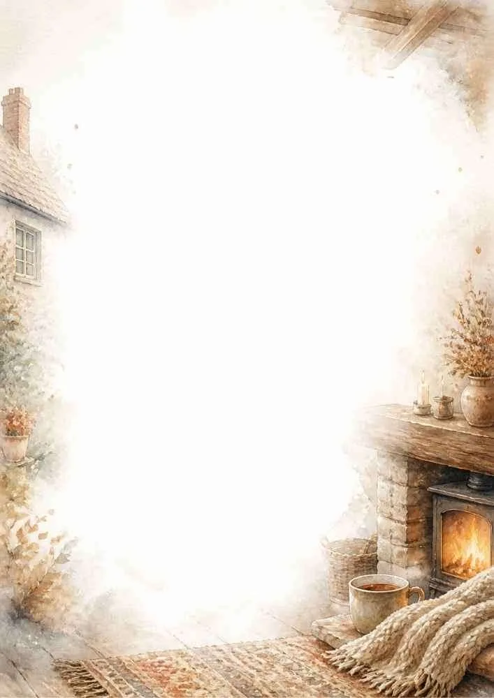 Watercolor border with a cozy fireplace, warm blanket, and steaming mug.