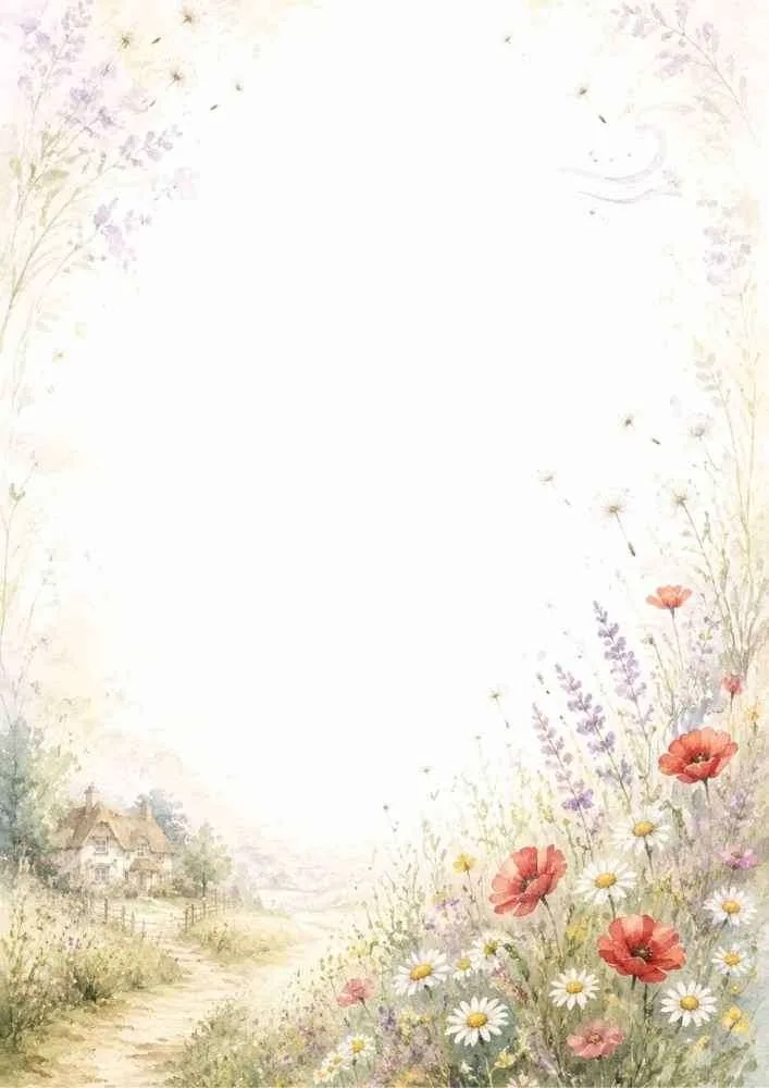 Watercolor border with wildflowers, daisies, poppies, and a countryside cottage.