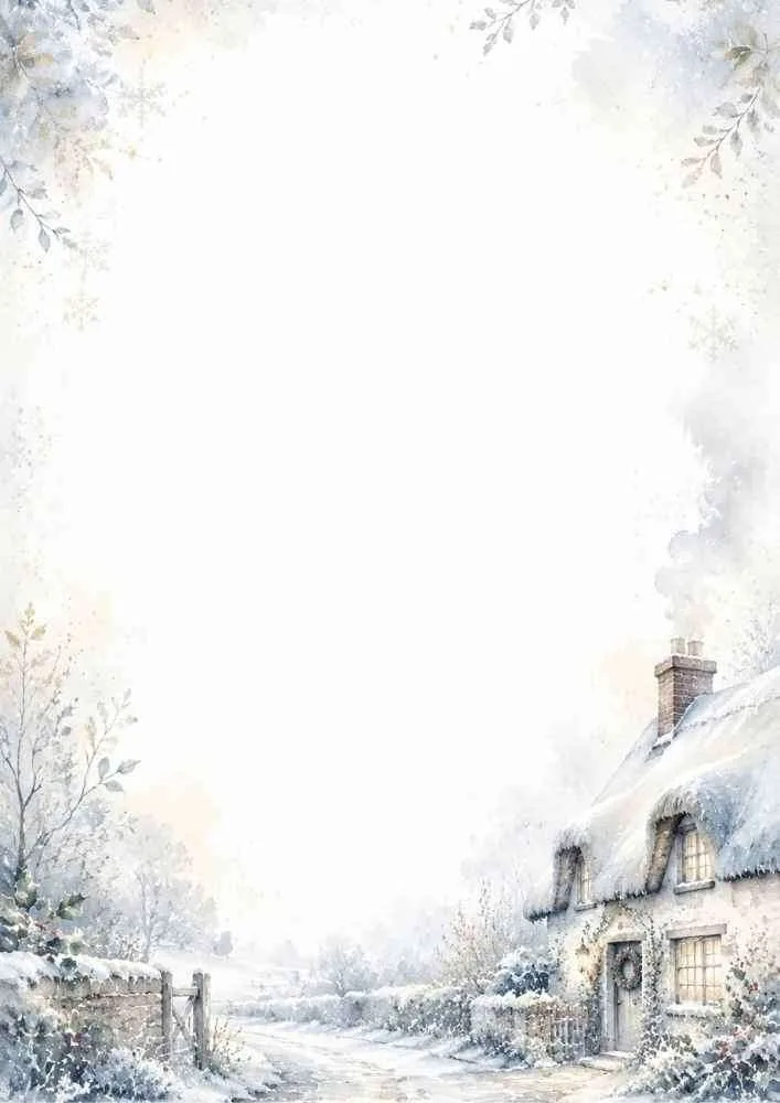 Watercolor winter border with a snow-covered cottage and frosty countryside path.