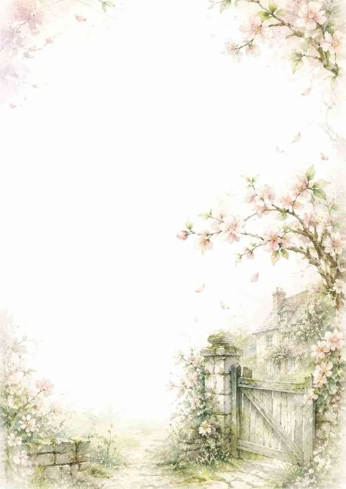 Watercolor border with a blossom-covered garden gate and cottage.