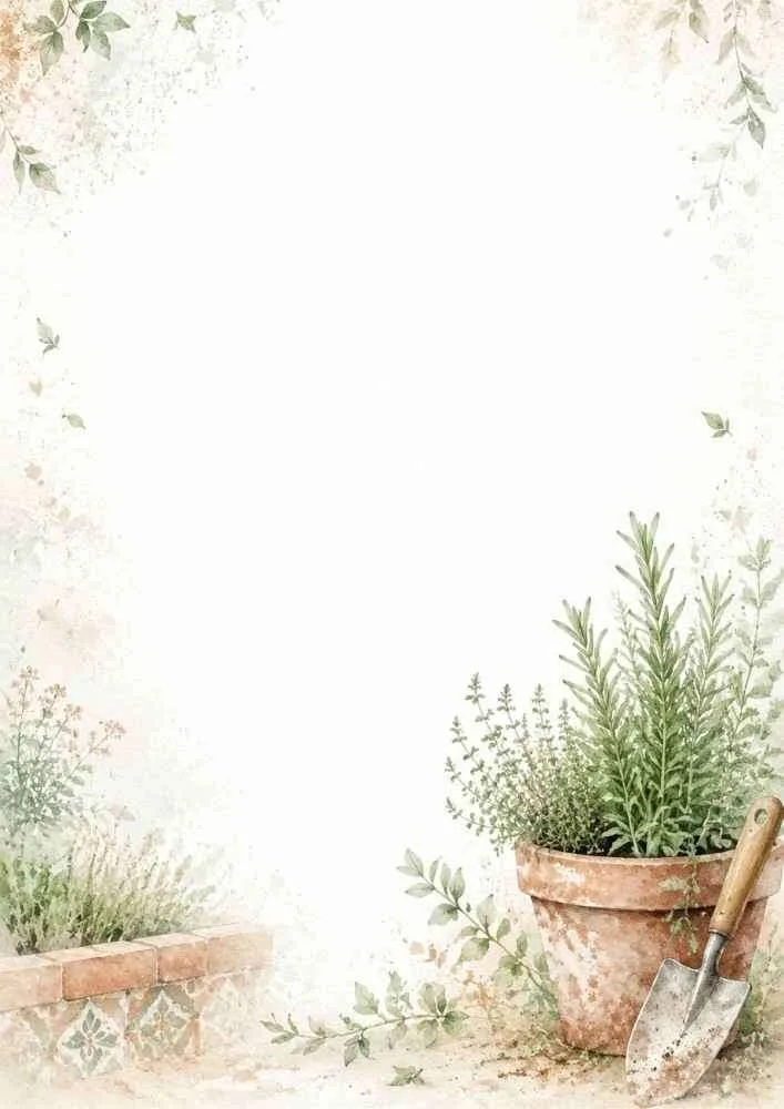 Watercolor border with potted herbs, terracotta pots, and a garden trowel.