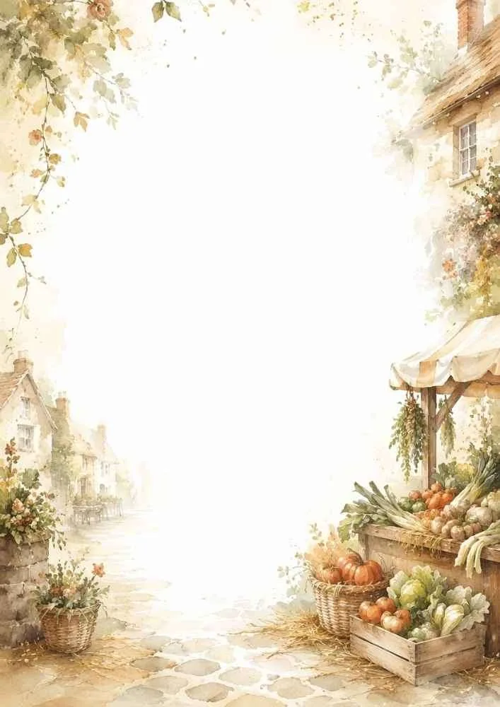 Watercolor border with a village market stall filled with fresh vegetables and pumpkins.