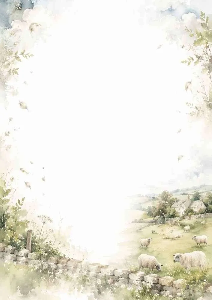 Watercolor countryside border with grazing sheep, stone wall, and distant cottages.